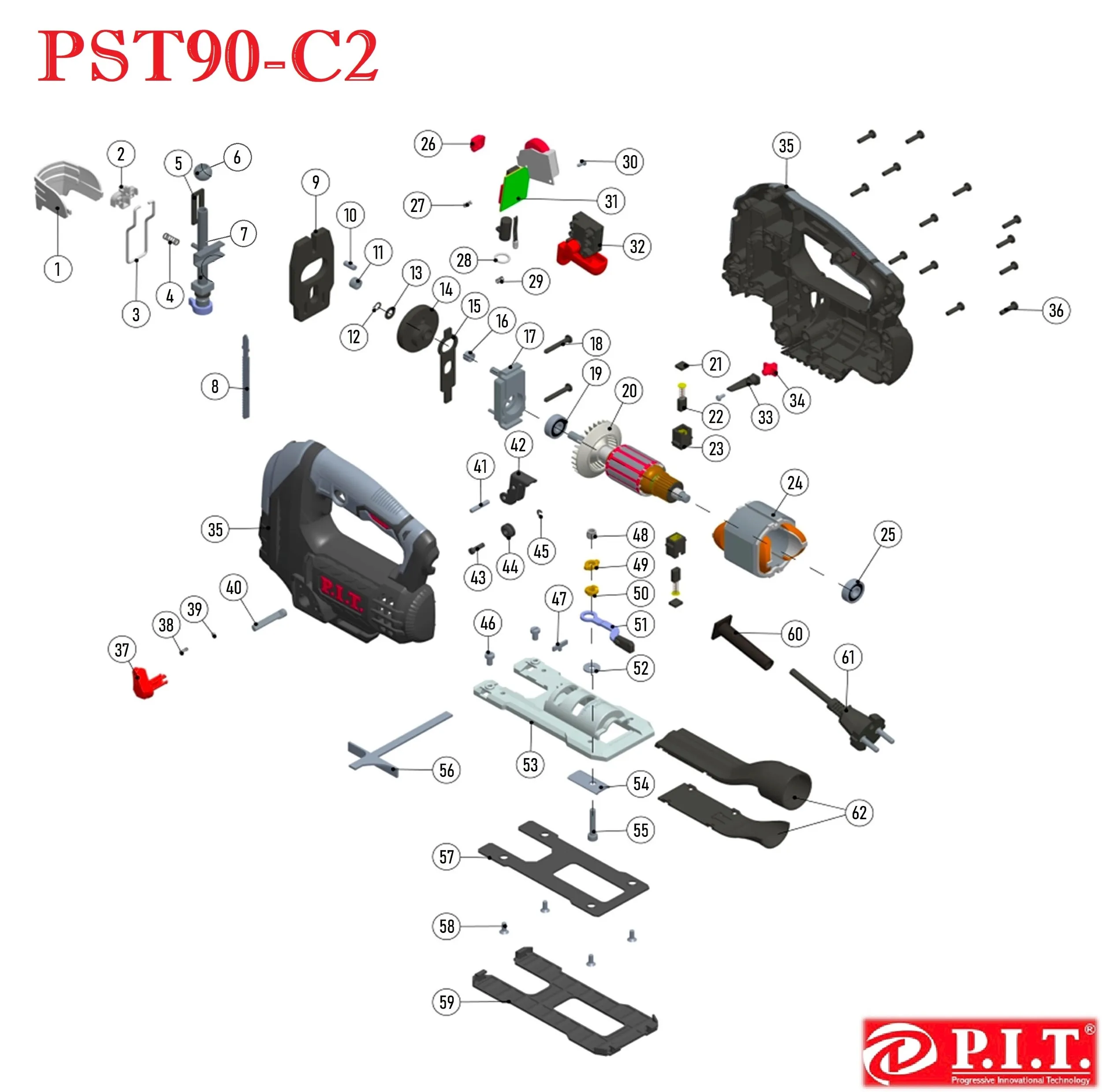 Запчасти, схема и деталировка P.I.T. PST90-C2